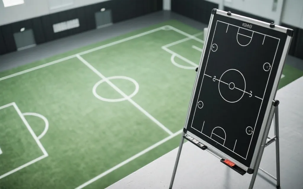 战术板与球场俯视结合的视觉构图，象征理性预测与情绪共鸣并存