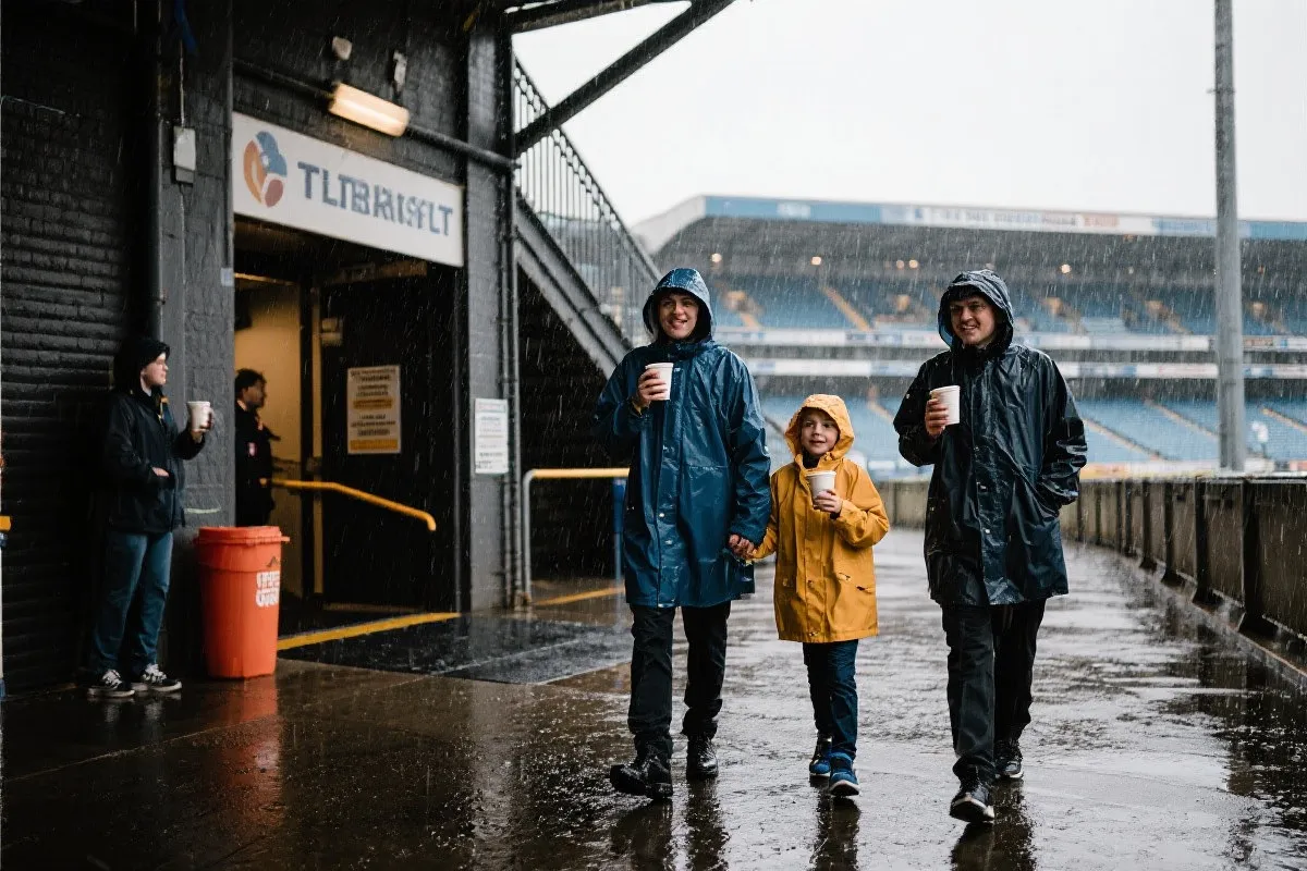 雨天的温哥华观赛通道，家庭穿雨衣牵着孩子，手持热饮，氛围温暖